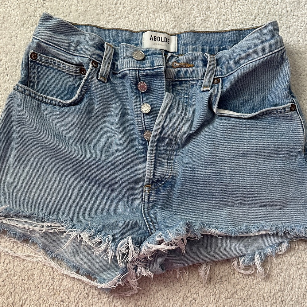 Agolde Light Blue Frayed Denim Shorts